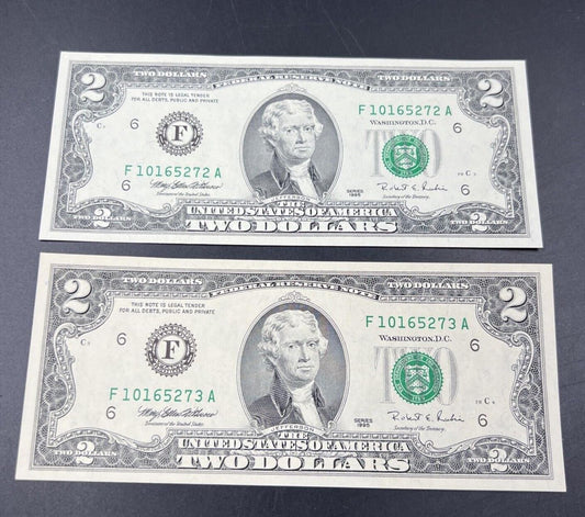 2 Consecutive 1995 $2 Two Dollar FRN Federal Reserve Notes Choice UNC #273