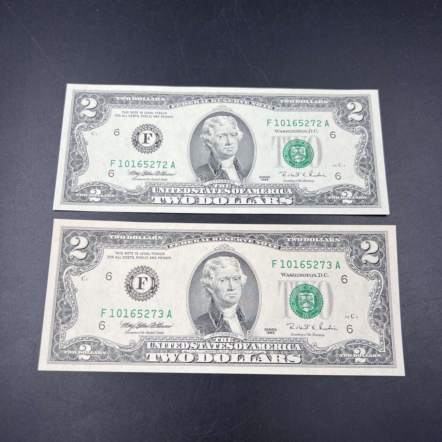 2 Consecutive 1995 $2 Two Dollar FRN Federal Reserve Notes Choice UNC #273