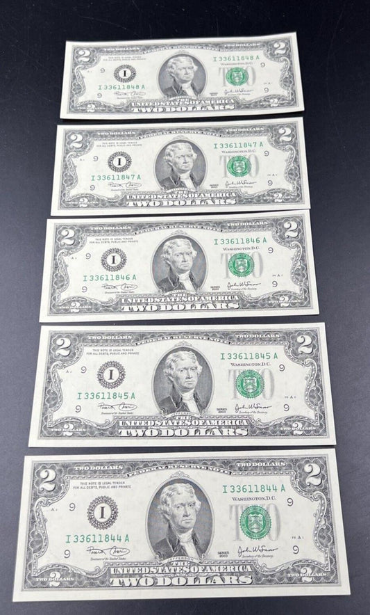 5 Consecutive 2003 $2 Two Dollar FRN Federal Reserve Notes Choice UNC #844