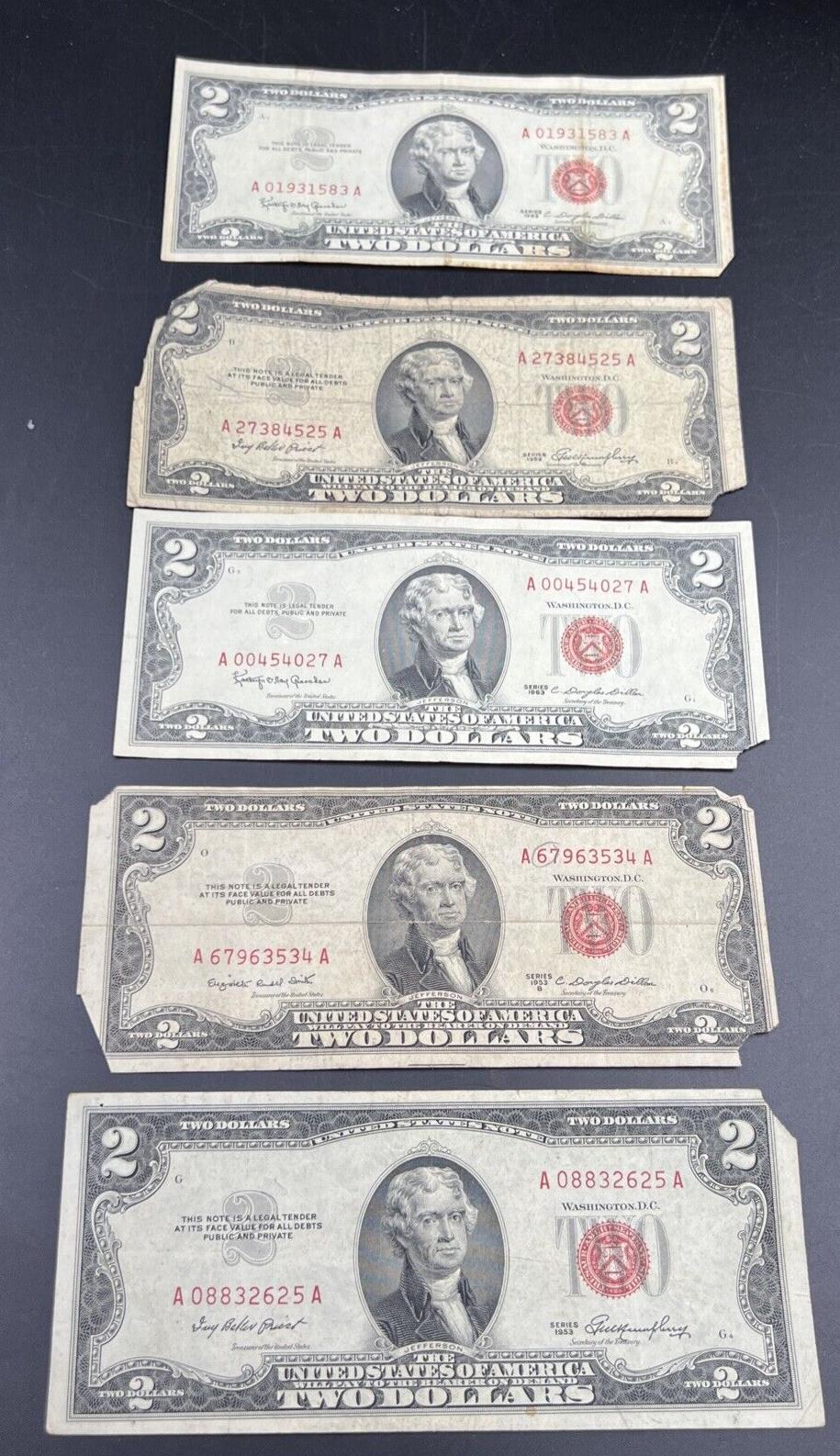 Lot of 5 1963 1953 $2 Two Dollar US Red Seal Legal Tender Bills Culls Very Circ