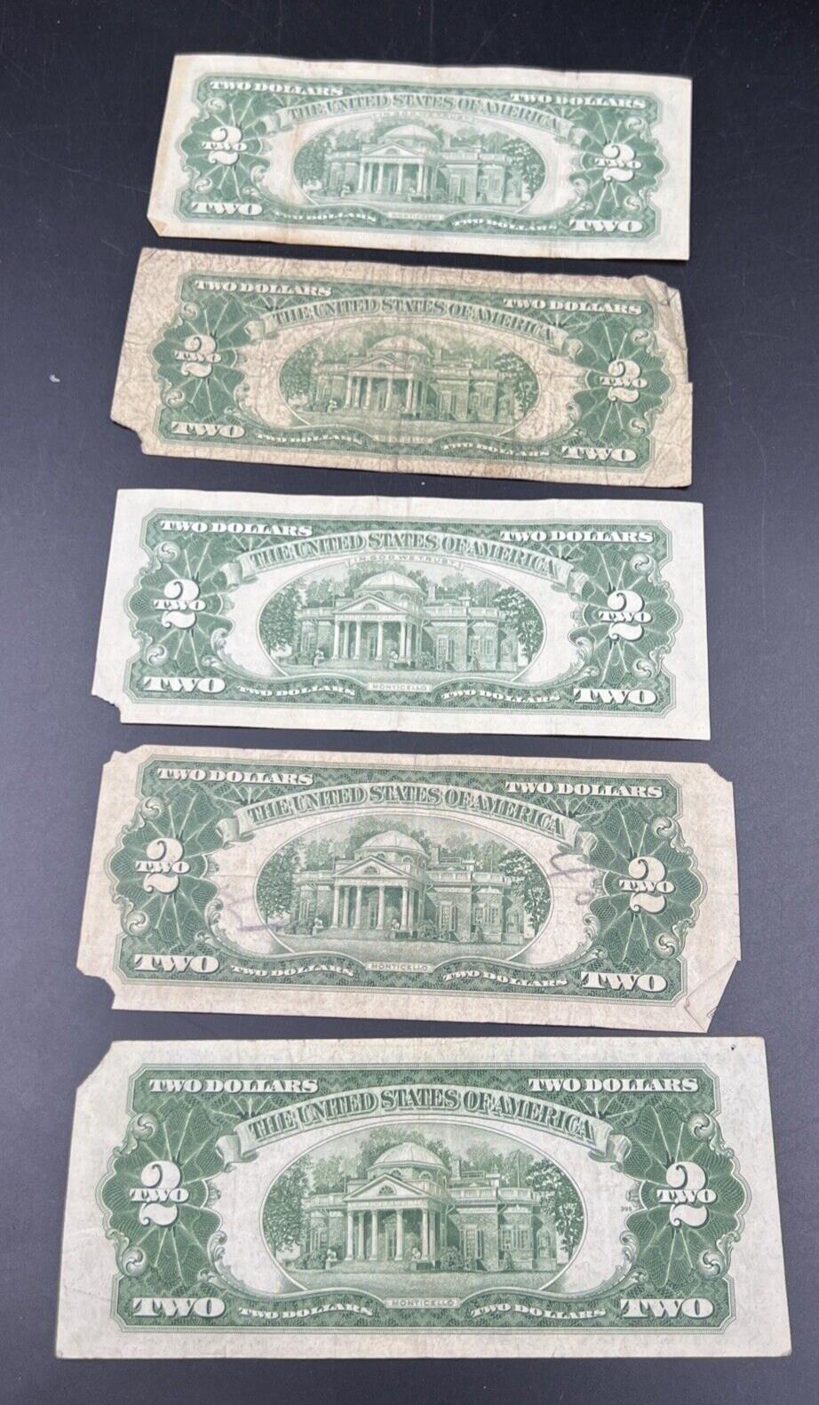 Lot of 5 1963 1953 $2 Two Dollar US Red Seal Legal Tender Bills Culls Very Circ