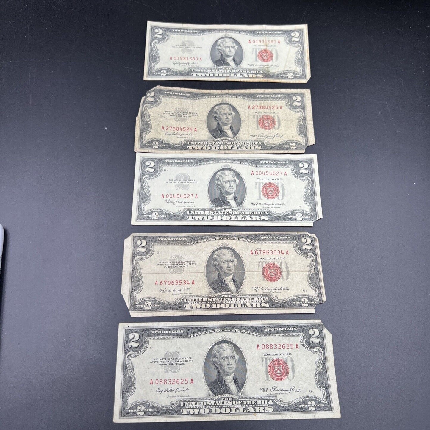 Lot of 5 1963 1953 $2 Two Dollar US Red Seal Legal Tender Bills Culls Very Circ