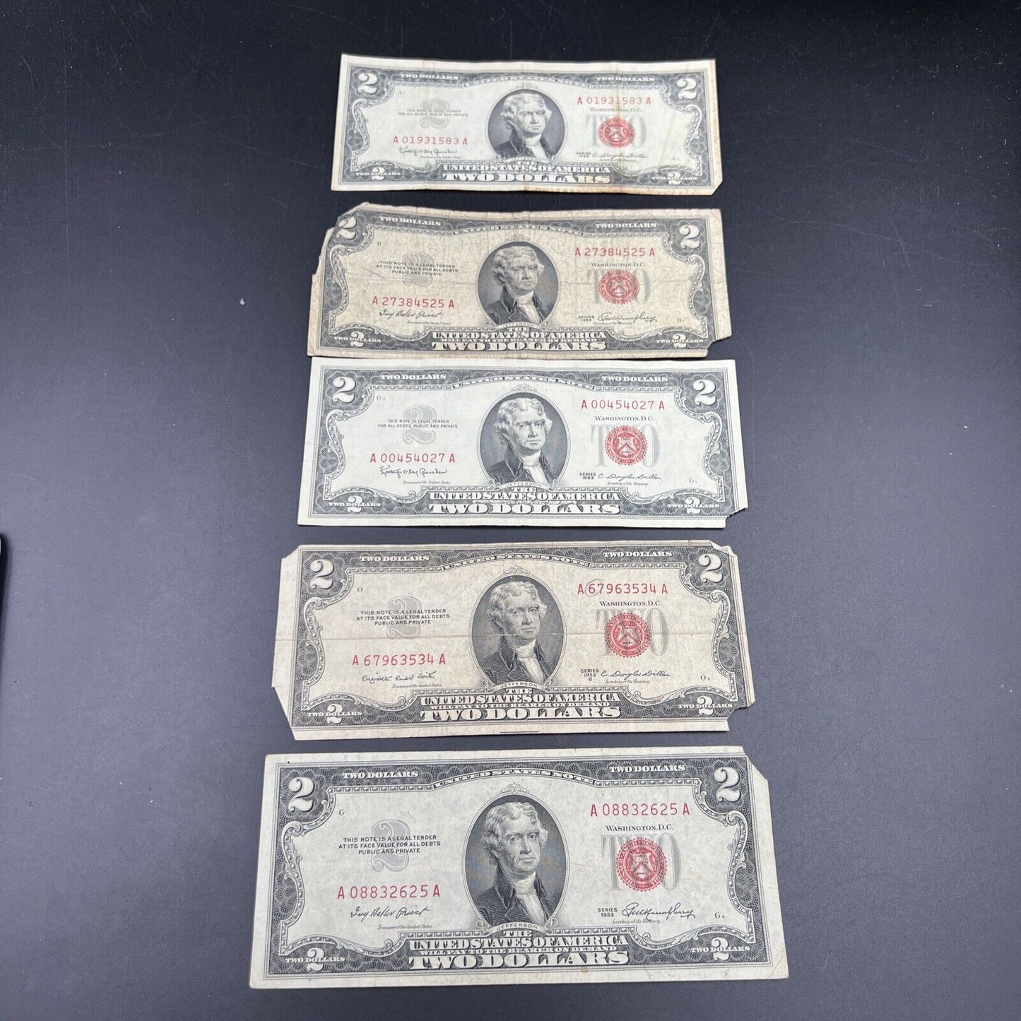 Lot of 5 1963 1953 $2 Two Dollar US Red Seal Legal Tender Bills Culls Very Circ