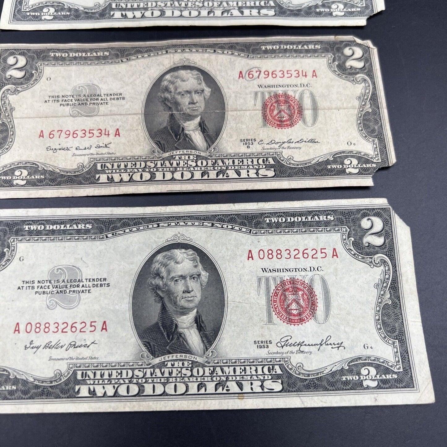 Lot of 5 1963 1953 $2 Two Dollar US Red Seal Legal Tender Bills Culls Very Circ