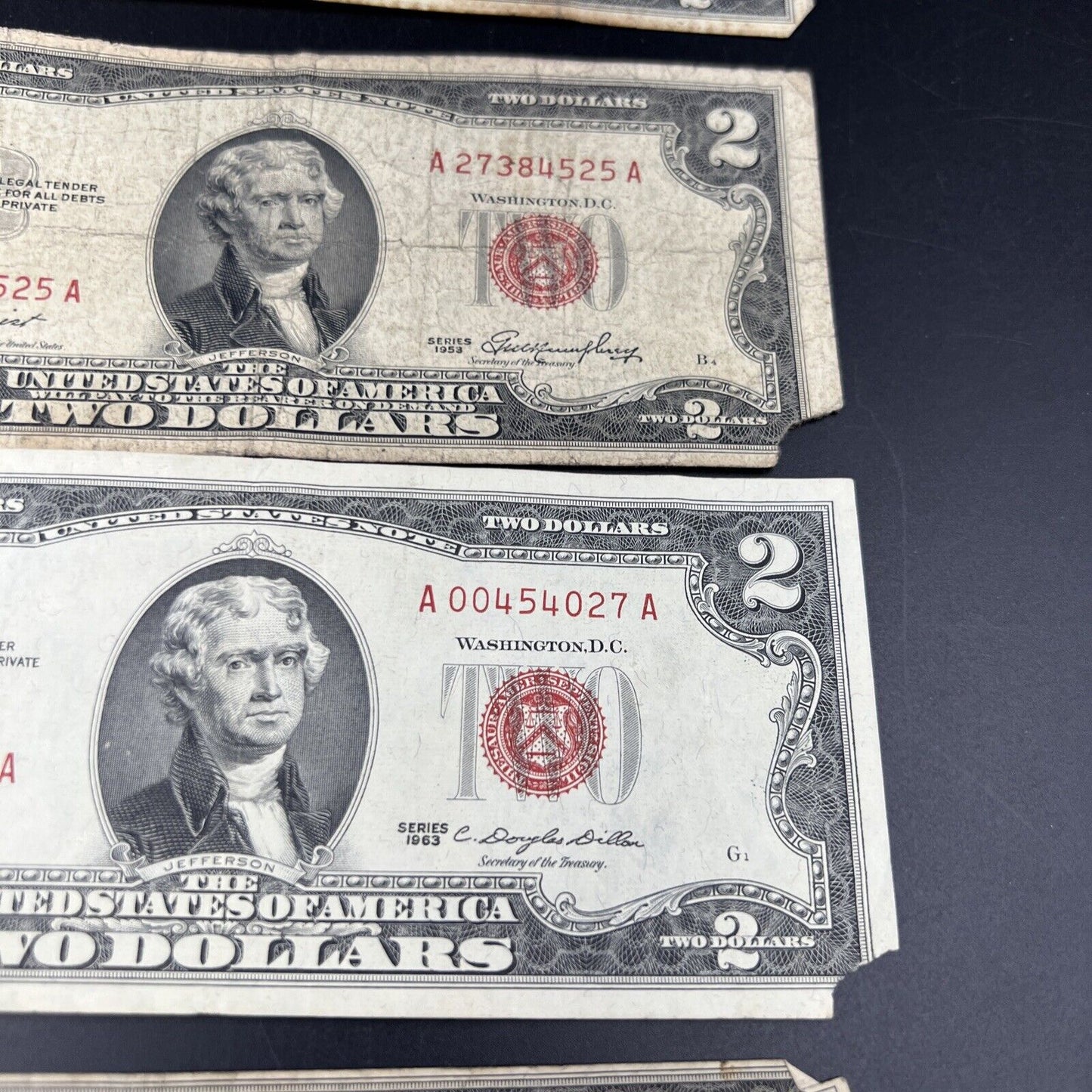 Lot of 5 1963 1953 $2 Two Dollar US Red Seal Legal Tender Bills Culls Very Circ