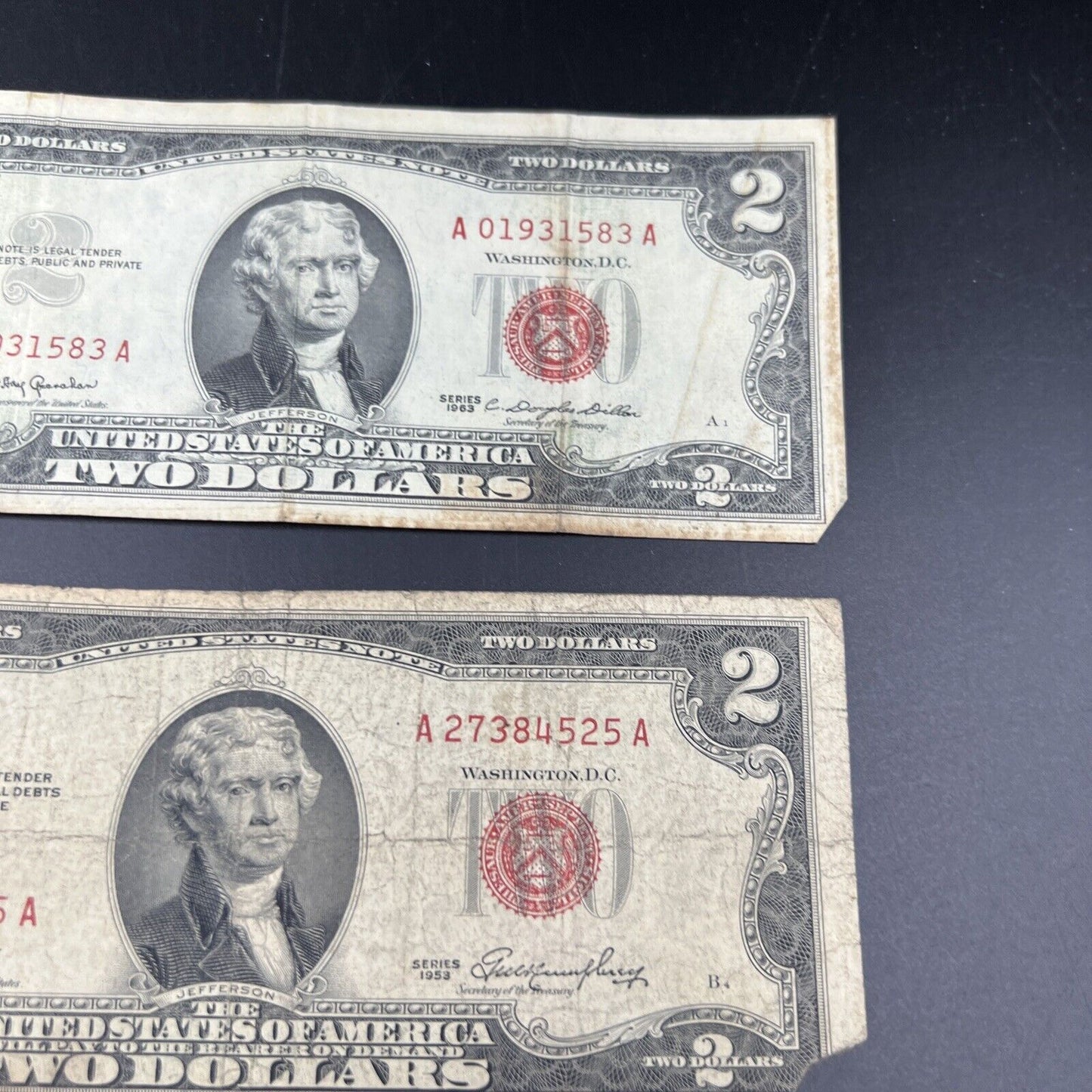 Lot of 5 1963 1953 $2 Two Dollar US Red Seal Legal Tender Bills Culls Very Circ