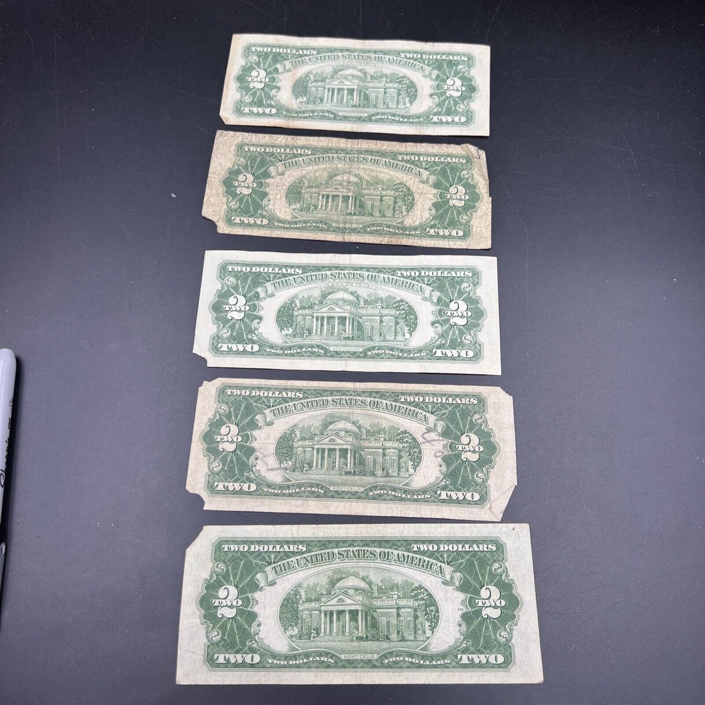 Lot of 5 1963 1953 $2 Two Dollar US Red Seal Legal Tender Bills Culls Very Circ