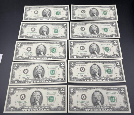 Lot of 10 Repeat Serial #9111 2003 $2 Two Dollar Federal FRN Notes Choice UNC