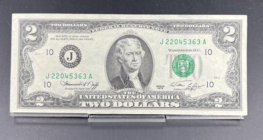 1976 $2 Two Dollar Federal Reserve District J FRN Bicentennial Note CH UNC #363