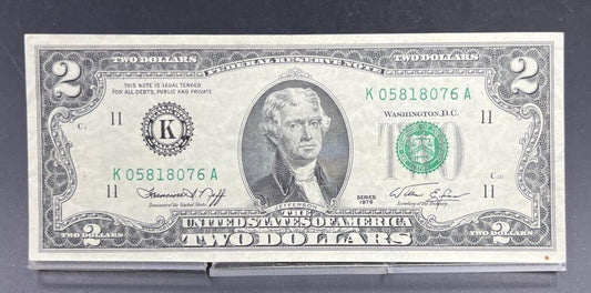 1976 $2 Two Dollar Federal Reserve District K FRN Bicentennial Note CH AU #076