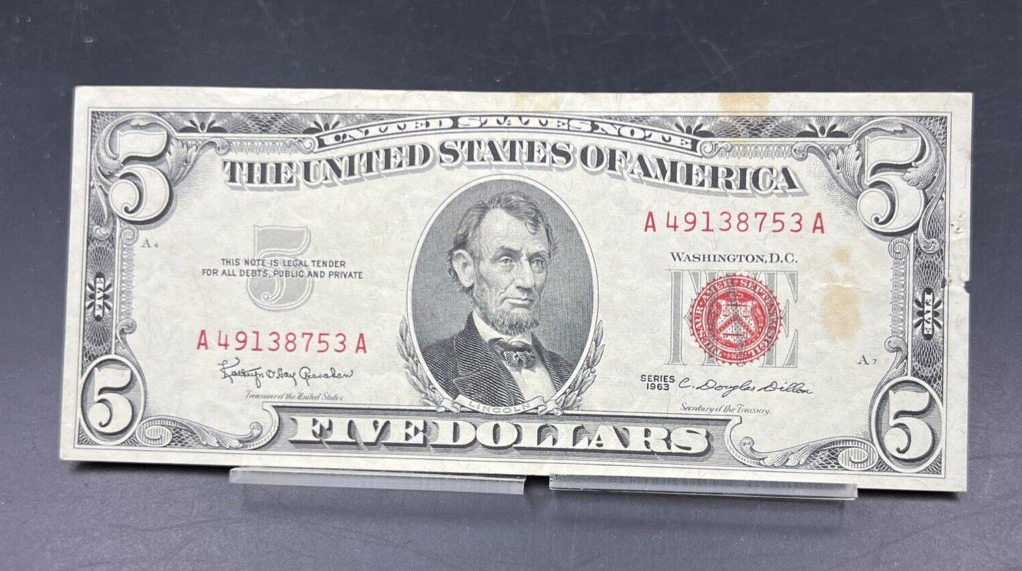 1963 $5 Five Dollar US Legal Tender United States Note VF Details Pin Hole