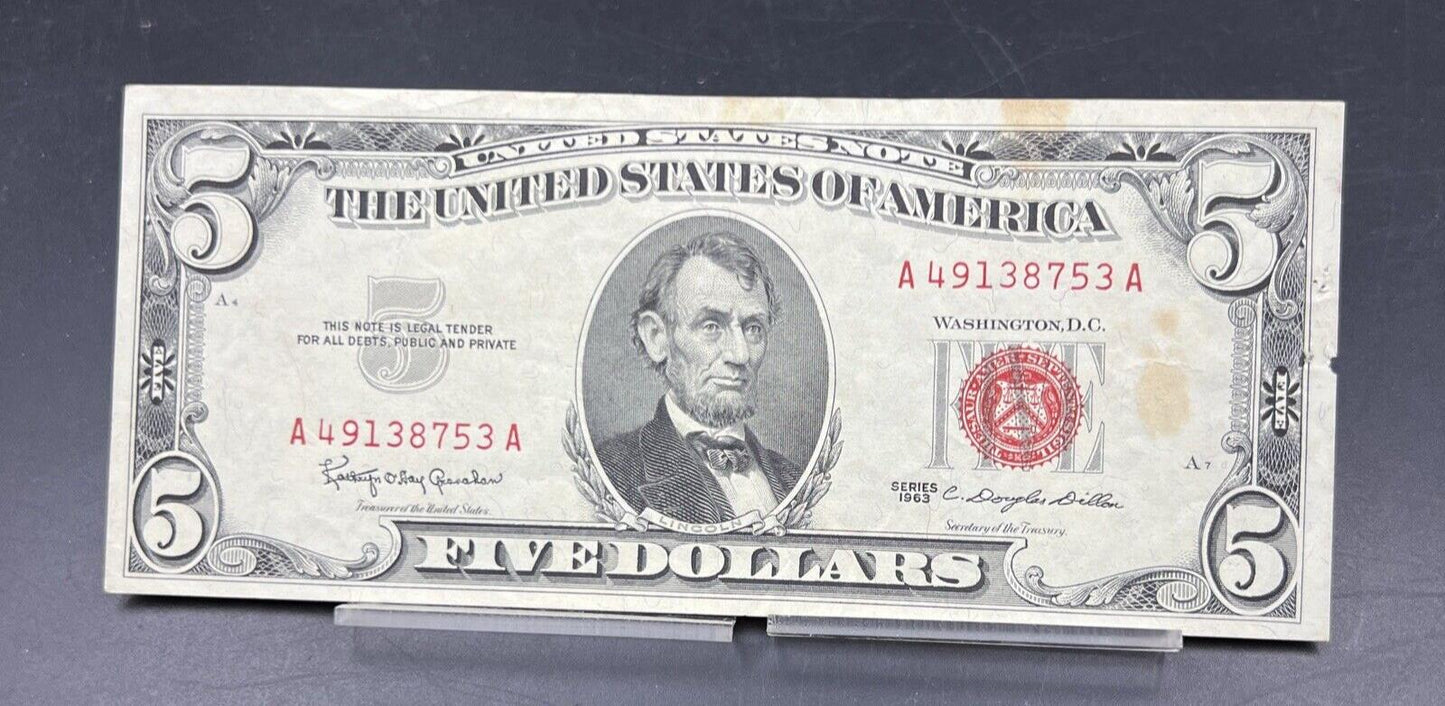 1963 $5 Five Dollar US Legal Tender United States Note VF Details Pin Hole