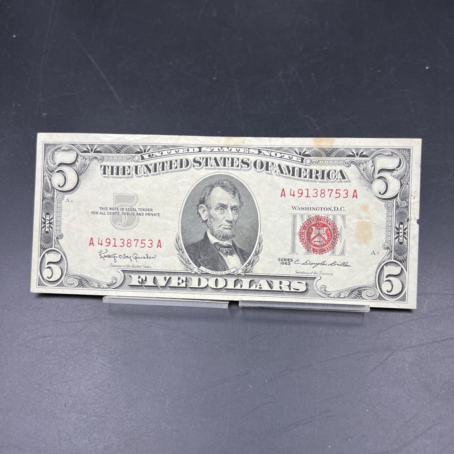 1963 $5 Five Dollar US Legal Tender United States Note VF Details Pin Hole