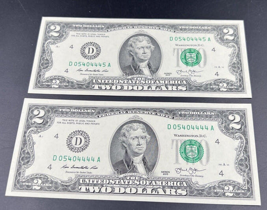 2 Consecutive 2013 $2 Two Dollar FRN Federal Reserve Note Bills Choice UNC #4444