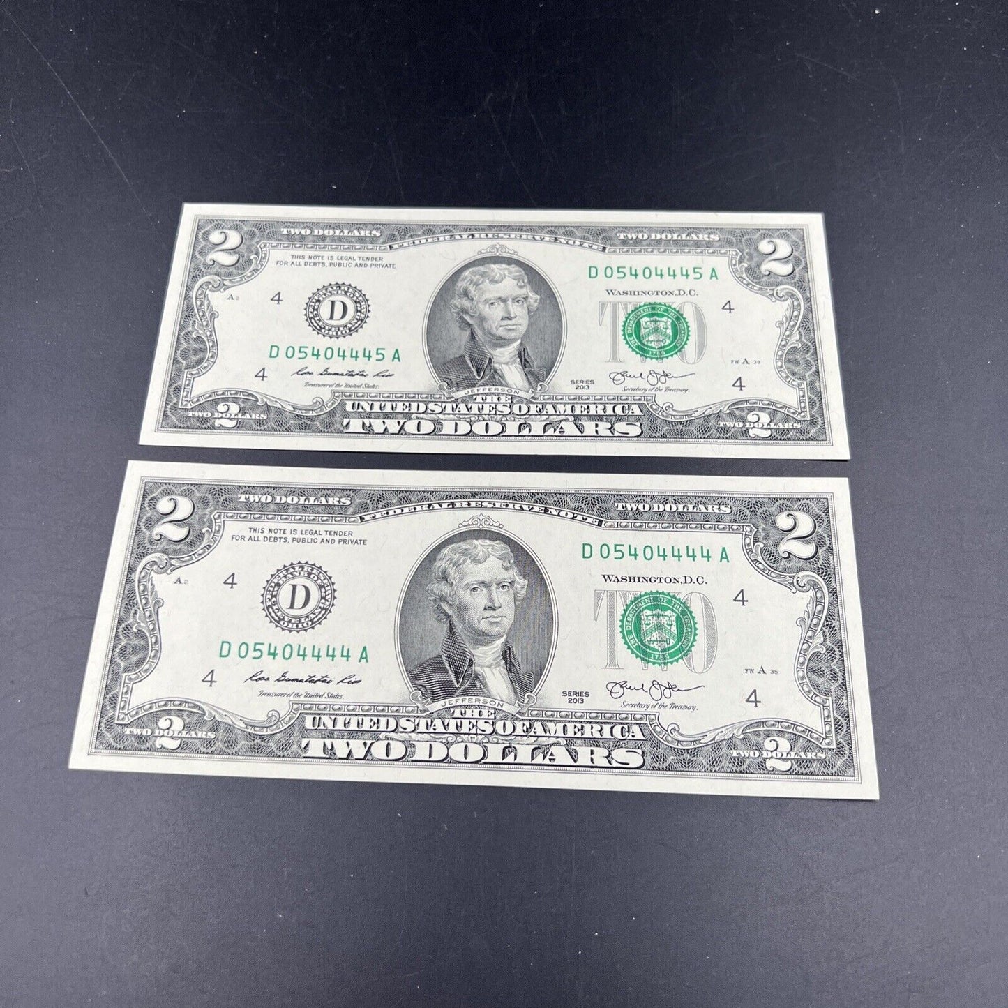 2 Consecutive 2013 $2 Two Dollar FRN Federal Reserve Note Bills Choice UNC #4444