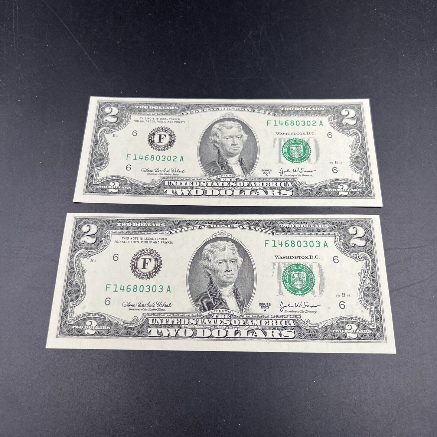 2 Consecutive 2003 A $2 Two Dollar FRN Federal Reserve Note Bills CH UNC #303